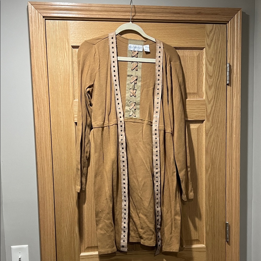 Bleu bayou Open-Front Long Cardigan with Studded Trim